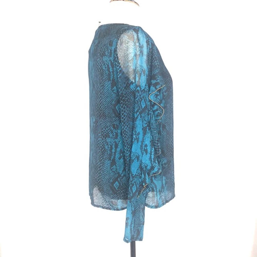 N) Thalia Sodi Sheer Ruffles Snake Print Blouse Top Teal Blue Black size Small - Picture 5 of 10